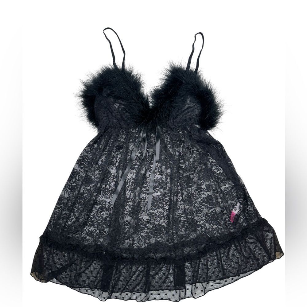 Betsey Johnson Black Marabou Feather Lace Babydoll Lingerie Chemise Size Small